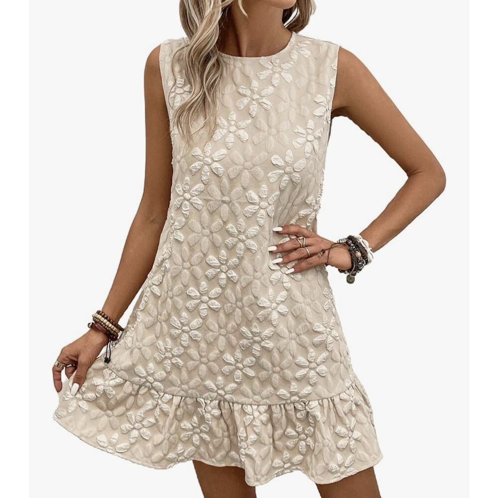 SolyHux Ruffle Hem Tank Jacquered Dress, Beige, XXS